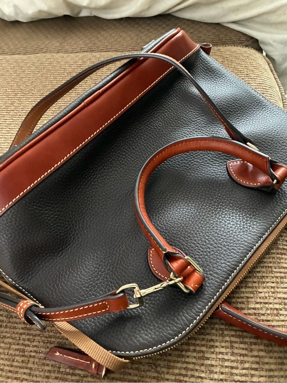 Dooney & Bourke Dark Brown Leather Dome Satchel with Tan Trim - Picture 3 of 7